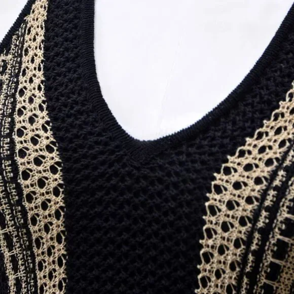 BEST REISS Annie Stripe Crochet-Knit Tie-Back Maxi Dress XS/S/M Black/Neutral - Picture 11 of 13